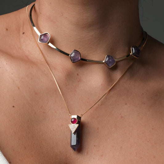 Colar Cristal Lapidado Pedra Natural Dourado