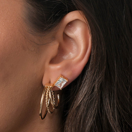 Brinco Dupla Argola e Retângulo Cristal Dourado