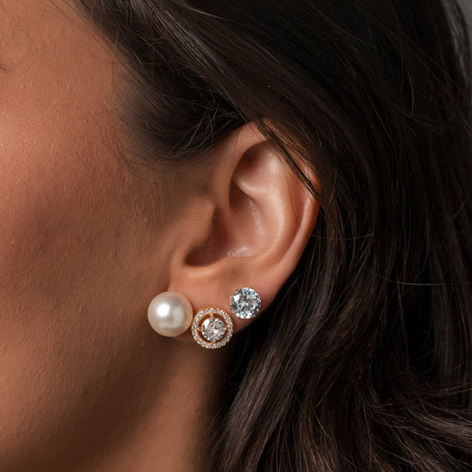 Brinco Trio Cristal e Pérola Dourado