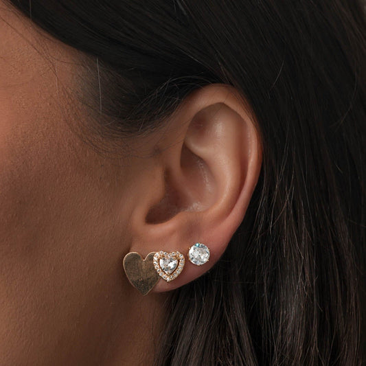 Brinco Trio Coração Cravejado Dourado