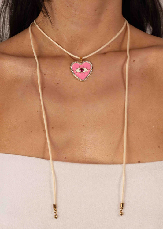 Colar Cordão Nude com Pingente Coração Rosa Olho Grego
