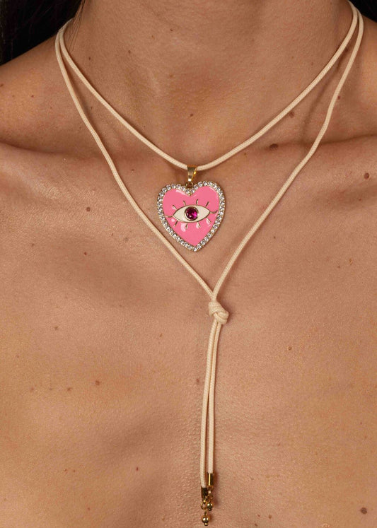 Colar Cordão Nude com Pingente Coração Rosa Olho Grego
