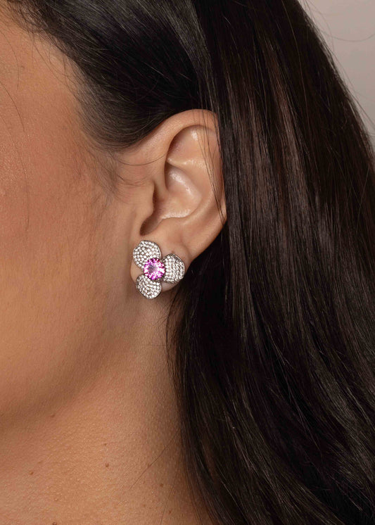 Brinco Flor 3 Pétalas Cravejadas e Oval Rosa Prateado