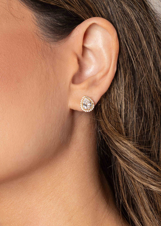 Brinco Gota Cravejada Entorno e Centro Cristal/Marrom Dourado