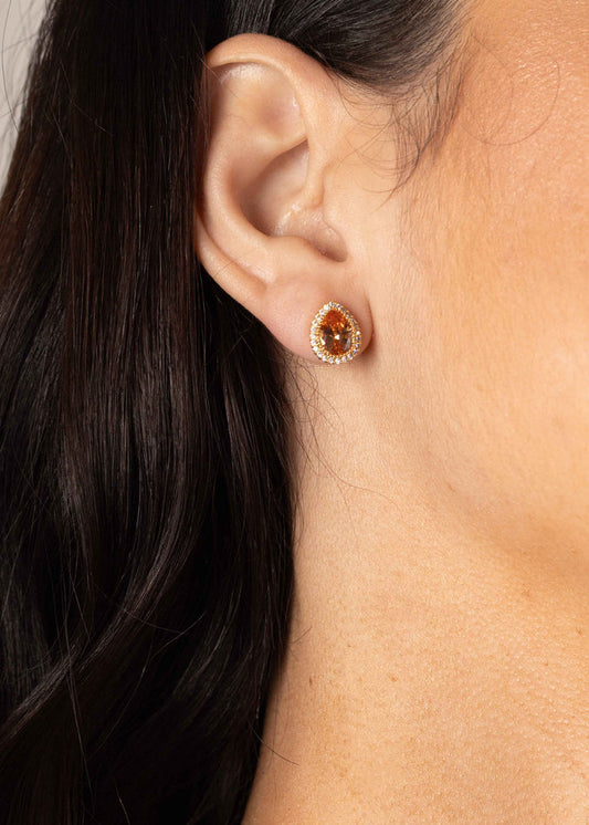 Brinco Gota Cravejada Entorno e Centro Cristal/Marrom Dourado