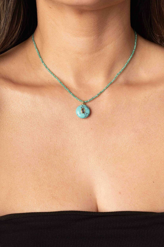 Colar Cristais Azul com Pingente de Pedra Turquesa