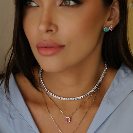 Conjunto Colar e Brinco Oval Rosa Morganita Prateado