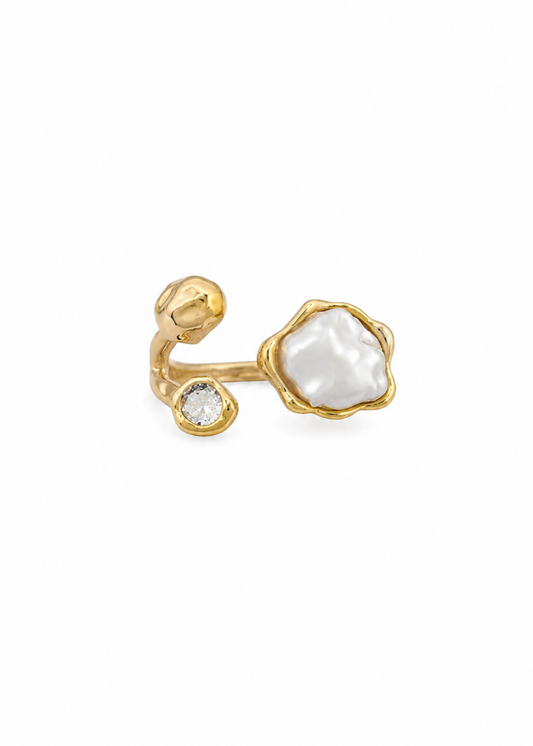 Anel Dourado Assimétrico com Pérola e Cristal