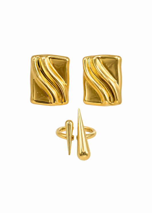 Conjunto Anel e Brinco Orgânico Dourado