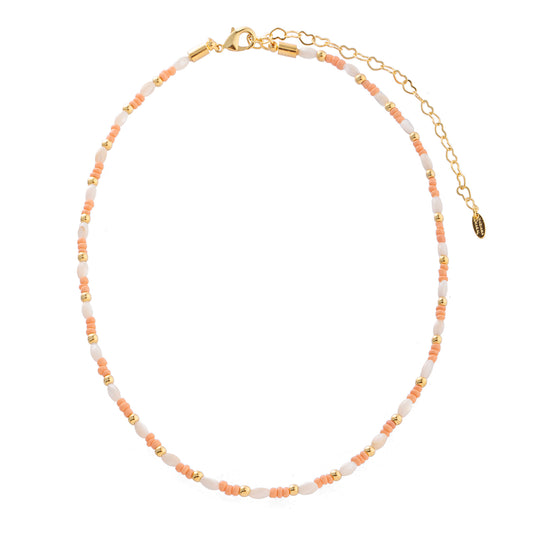 Colar Cristais Tom Salmão com Esferas e Pérolas Dourado