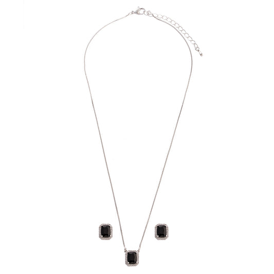 Conjunto Colar e Brinco Retângulo Cravejado Pedra Cristal/Morganita/Ônix Dourado/Prateado