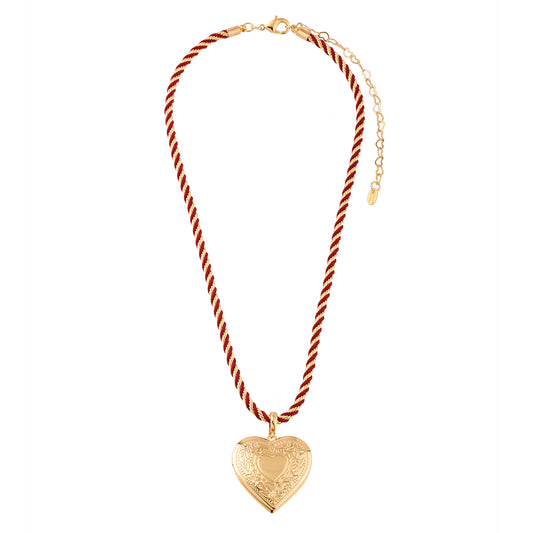 Colar Cordão Baiano com Fio Colorido e Pingente Relicário Estampa Coração Dourado