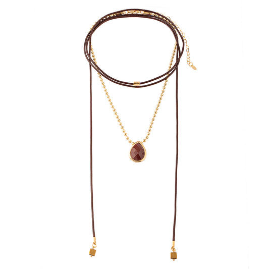 Colar Duplo Cordão Creme/Marrom com Corrente Bolinhas e Gota Areia/Marrom Dourado