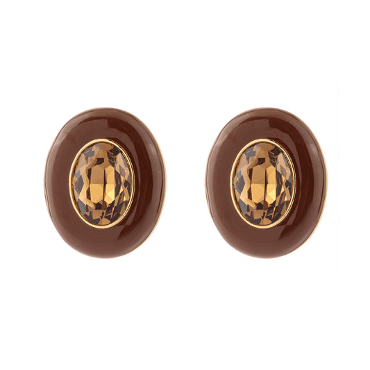 Brinco Oval Esmaltado com Cristal Marrom Centro Dourado