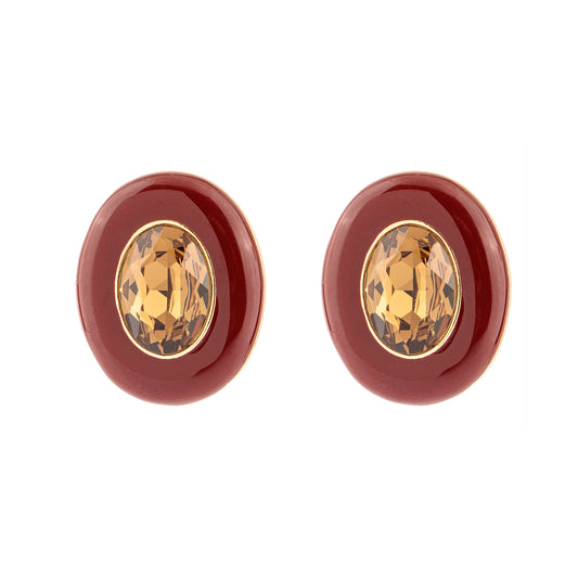 Brinco Oval Esmaltado com Cristal Marrom Centro Dourado