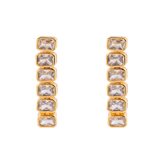 Brinco Pendurado Retângulos Cristais Dourado