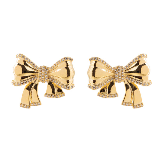 Brinco Laço Liso e Cravejado Dourado