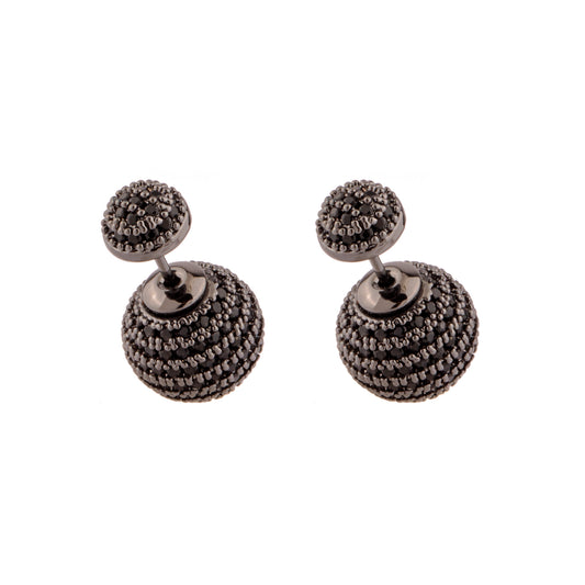 Brinco Meia Esfera Pequena com Tarraxa Esfera Maior Cravejada Dourado/Prateado/Ônix