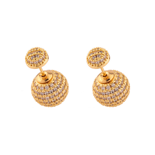 Brinco Meia Esfera Pequena com Tarraxa Esfera Maior Cravejada Dourado/Prateado/Ônix