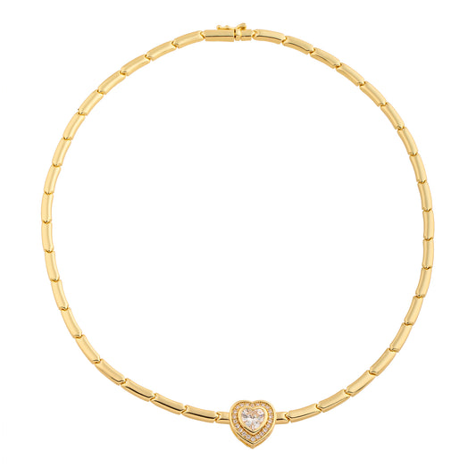 Colar Articulado Coração Cravejado Cristal Dourado