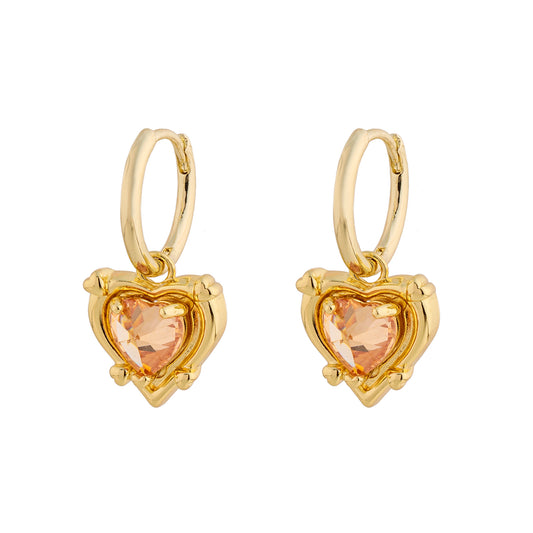 Brinco Argola Coração Prateada com Detalhe Dourado/Dourada com Cristal Rose