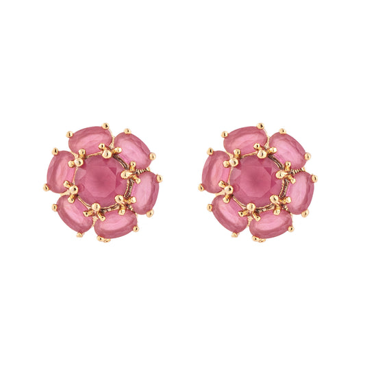 Brinco Flor Rosa/Verde Cravejado Dourado