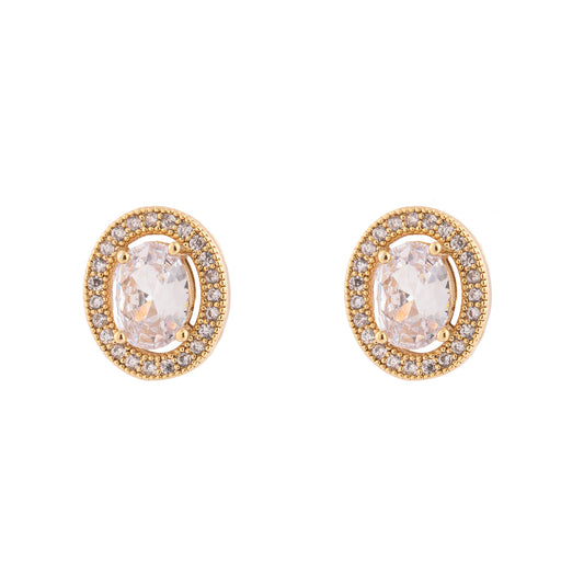 Brinco Oval Pedra Cristal e Entorno Cravejado Dourado