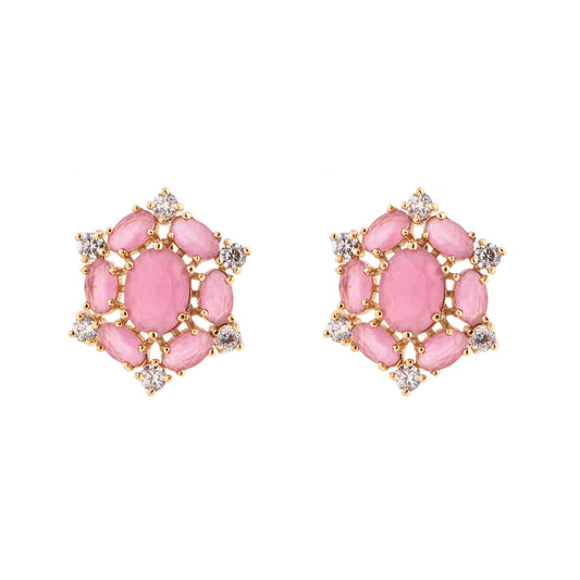 Brinco Oval Formato Flor Rosa/Verde Dourado