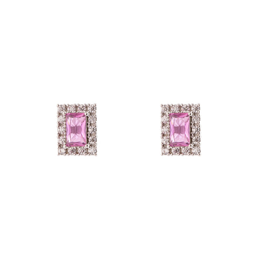 Brinco Quadrado PP Rosa com Entorno Cravejado Cristal Prateado