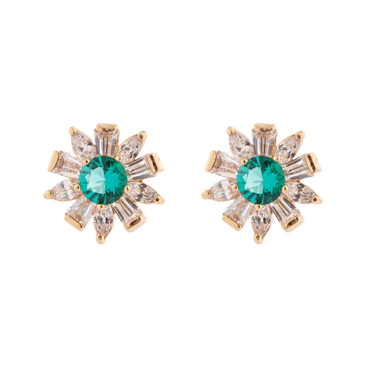 Brinco Flor Pedra Verde/Marrom e Entorno Cravejado Cristal Dourado