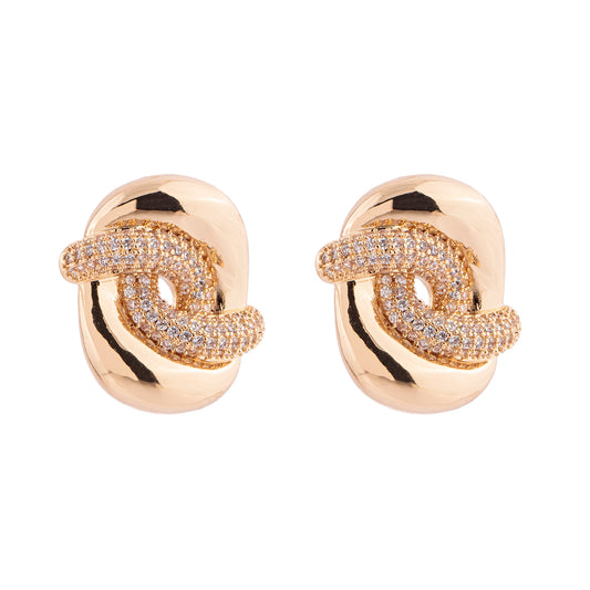 Brinco Oval Liso e Entrelaçado Cravejado Dourado/Prateado