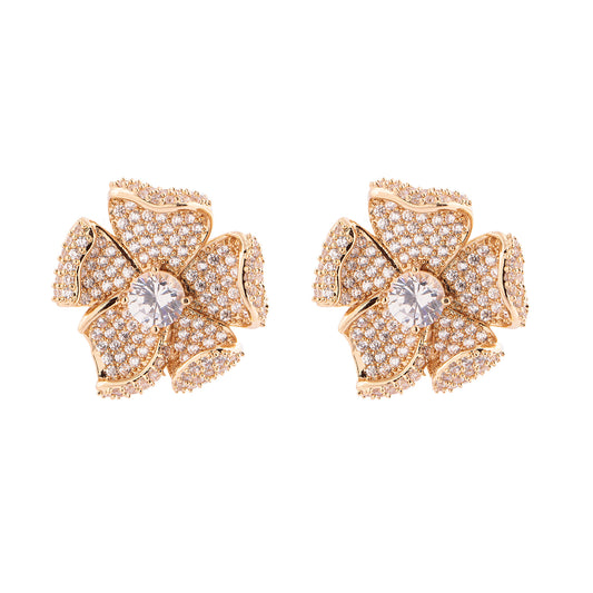 Brinco Flor Pétalas Curvadas Cravejadas Dourado/Prateado