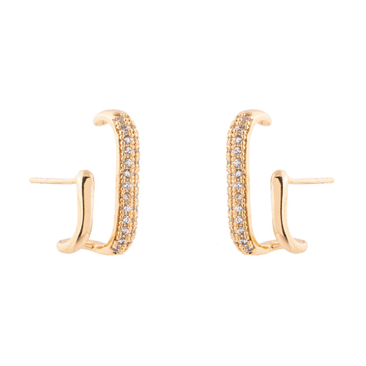 Brinco Ear Hook Duplo Liso e Cravejado Dourado