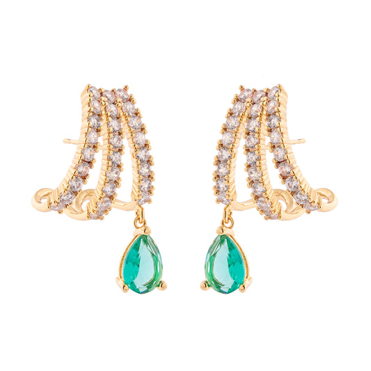Brinco Triplo Cravejado com Gota Verde Dourado