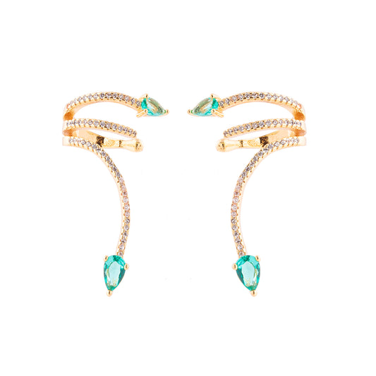 Brinco Ear Cuff Cravejado com Gotas Verdes Dourado