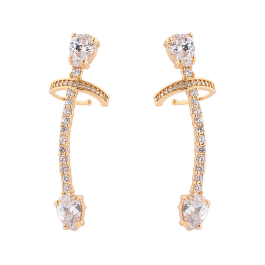 Brinco Ear Cuff Linha Cravejada e Gota Cristal Dourado