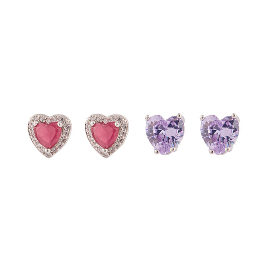 Brinco Dupla Corações Rosa com Entorno Cristal e Lavanda Prateado