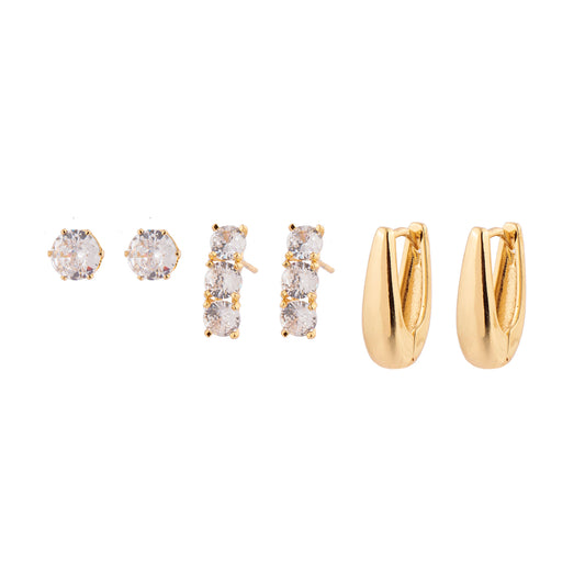Brinco Trio Argola Gota, Mini Ear Hook Cravejado e Ponto de Luz Cristal Dourado