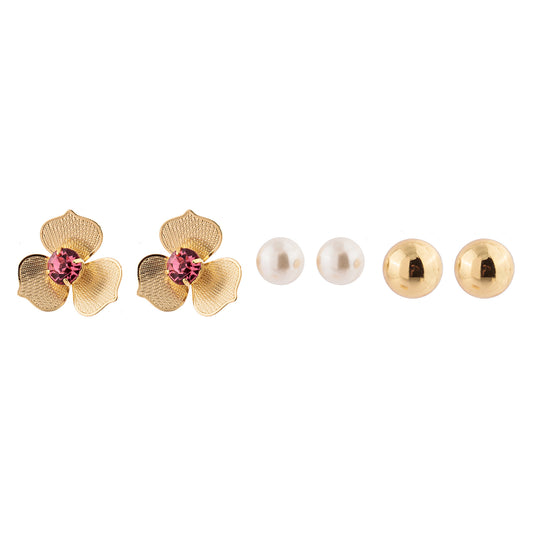 Brinco Trio Flor com Ponto de Luz Rosa, Pérola e Esfera Lisa Dourado