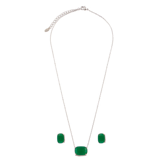 Conjunto Colar e Brinco Pedra Esmeralda Retangular Prateado