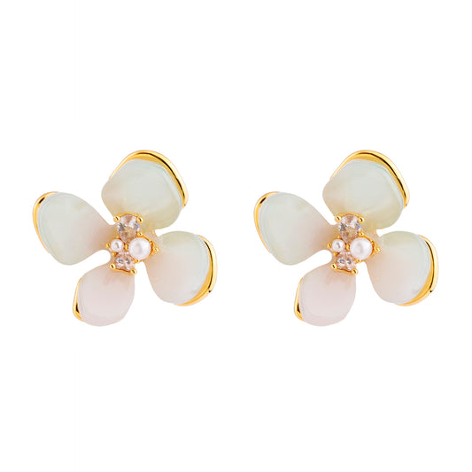 Brinco Flor com Resina Centro Cravejado e Pérola Dourado