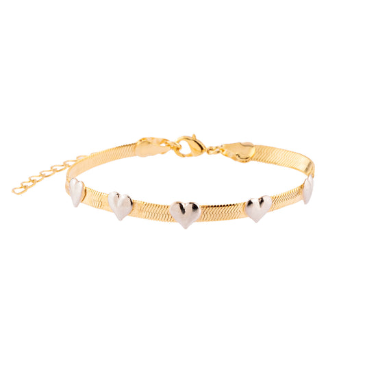 Pulseira Malha Dourada com Corações Prateados