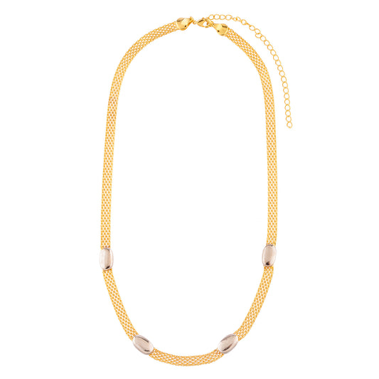 Colar Malha Dourado com Ovais Prateado