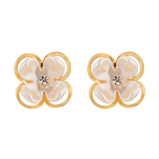 Brinco Flor G Entorno Liso com Madrepérola e Cristal Dourado