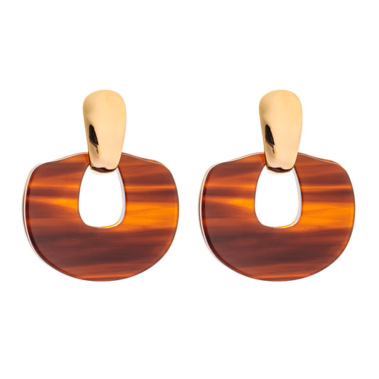 Brinco Oval Liso com Peça Resina Colorida Dourado