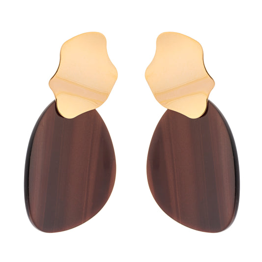Brinco Oval Orgânico com Resina Creme/Marrom Dourado