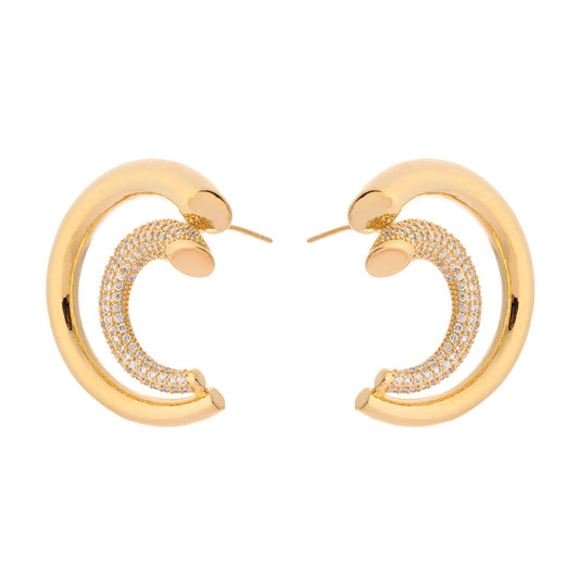 Brinco Frontal Meia Argola Lisa e Cravejada Dourado