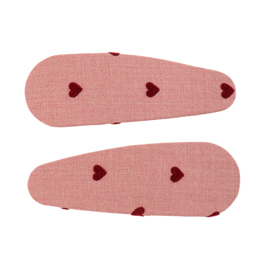 Dupla Cabelo Tic Tac Quadrado/Redondo Tecido Vermelho com Corações Bordados em Veludo