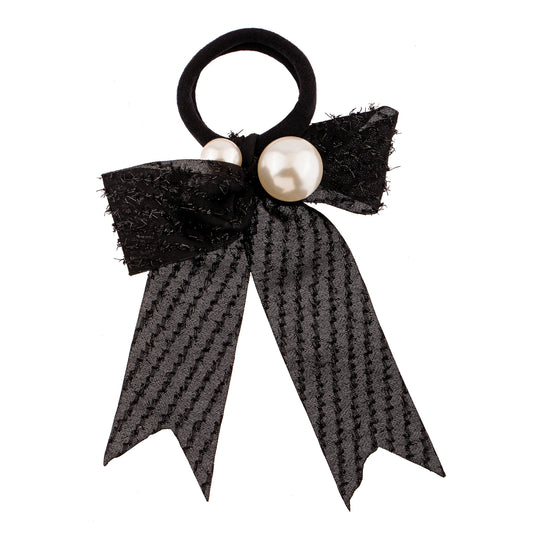 Amarrador de Cabelo Laço em Fita Fio Brilhoso e Pérolas