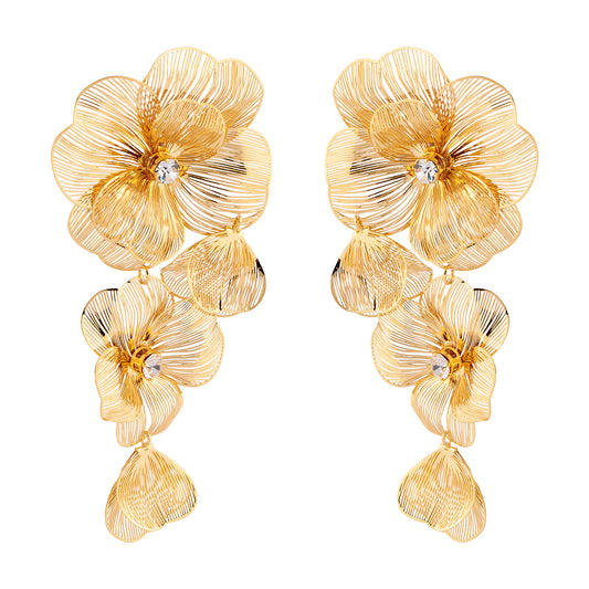 Brinco Maxi Flores Vazadas Penduradas Dourado